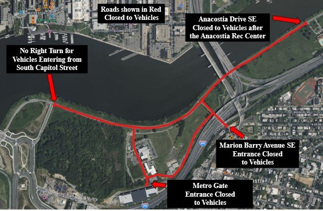 Aerial view map of closed roads outlined in red