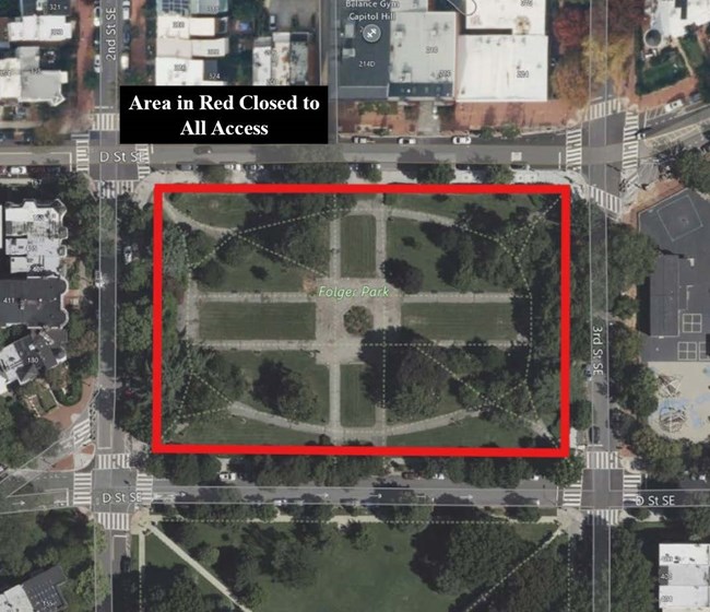 Arial view of Folger Park with red outline of closed area