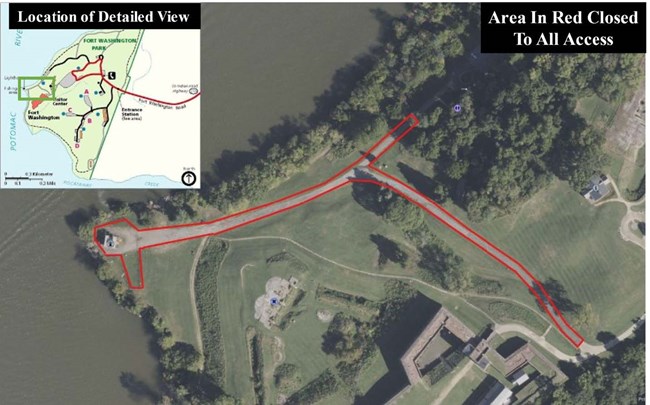 Map of closed area around the Fort Washington Lighthouse and nearby sidewalks outlined in red