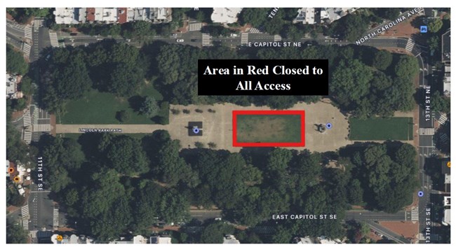 Aerial view map outline in red of closed center turf panel at Lincoln Park
