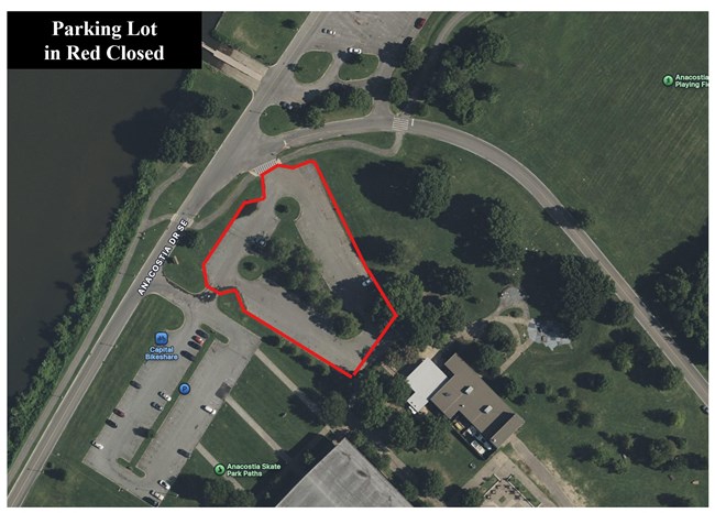 Aerial view map of Aquatic Resources Education Center parking lot in Anacostia Park outlined in red.