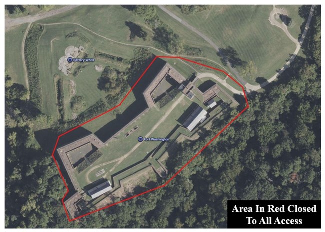 Aerial view map of closed Historic Fort outlined in red
