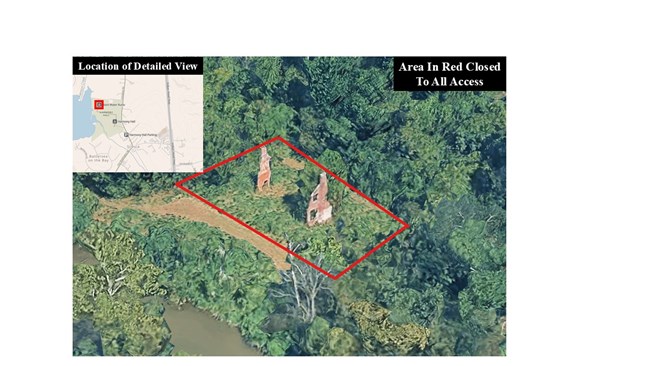 Aerial view topographic map of Want Water Ruins with closed area outlined in red