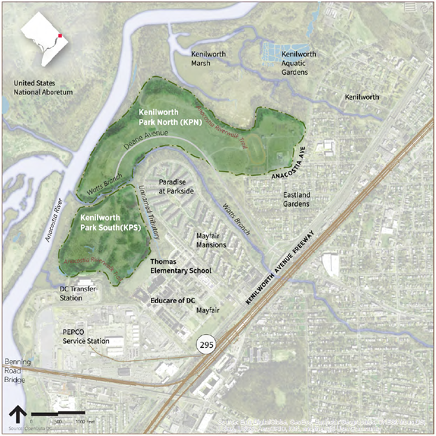 Map highlighting the Kenilworth Park Landfill adjacent to the Anacostia river.