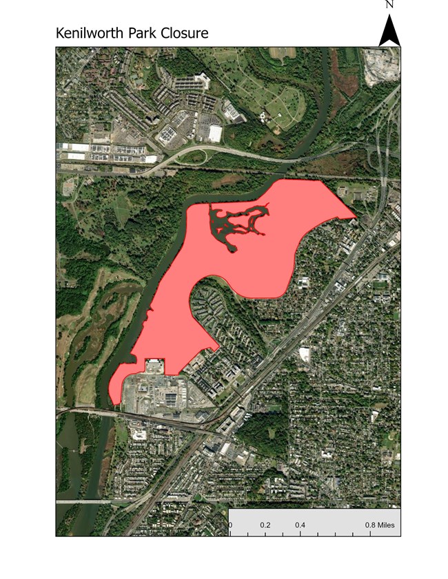 Aerial view map of Kenilworth Park and Aquatic Gardens with closed area filled in light red