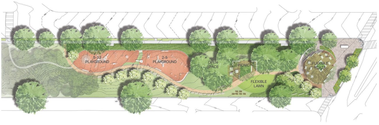 Overhead rendering of a long rectangular plot of land with tree-lined paths, playgrounds, a picnic area, lawn area, and a round plaza labeled "flexible plaza."