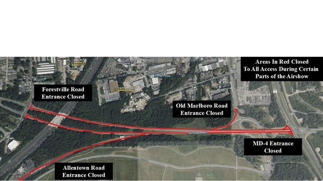 Aerial view map of closed area at Suitland Parkway outlined in red