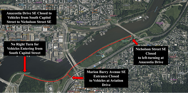 A park map showing road closures on Anacostia Drive at South Capital, Marion Barry, and  Nicholson
