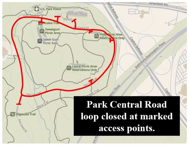 Map of closed areas at Greenbelt Park