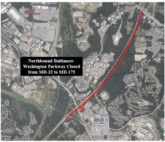 Map of closed northbound lanes of the Baltimore-Washington Parkway in red