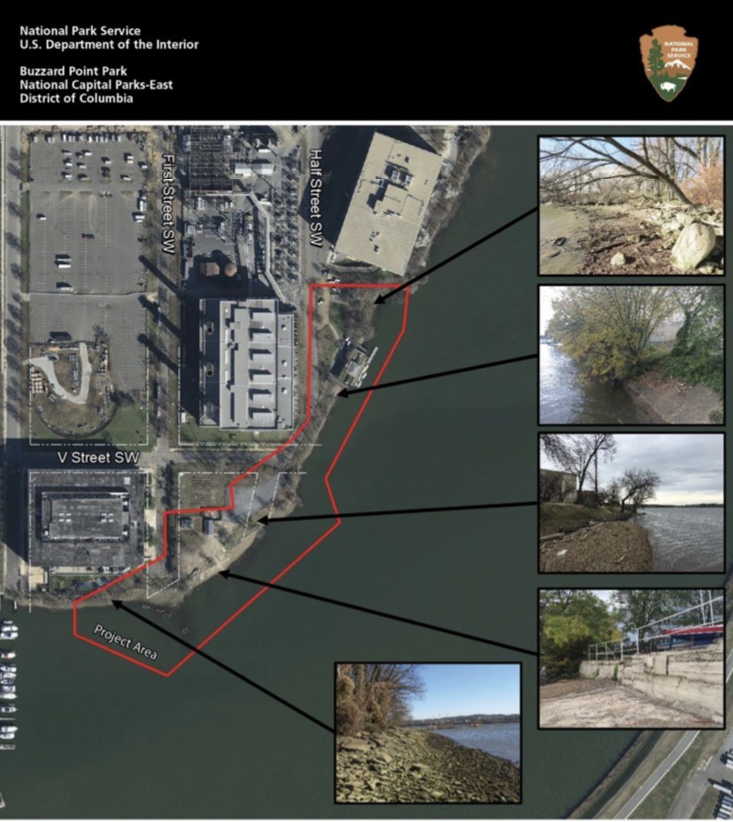 Map of Buzzard Point with the area of the closure highlighted in a red border. The area is along the south and east coastline of Buzzard Point.