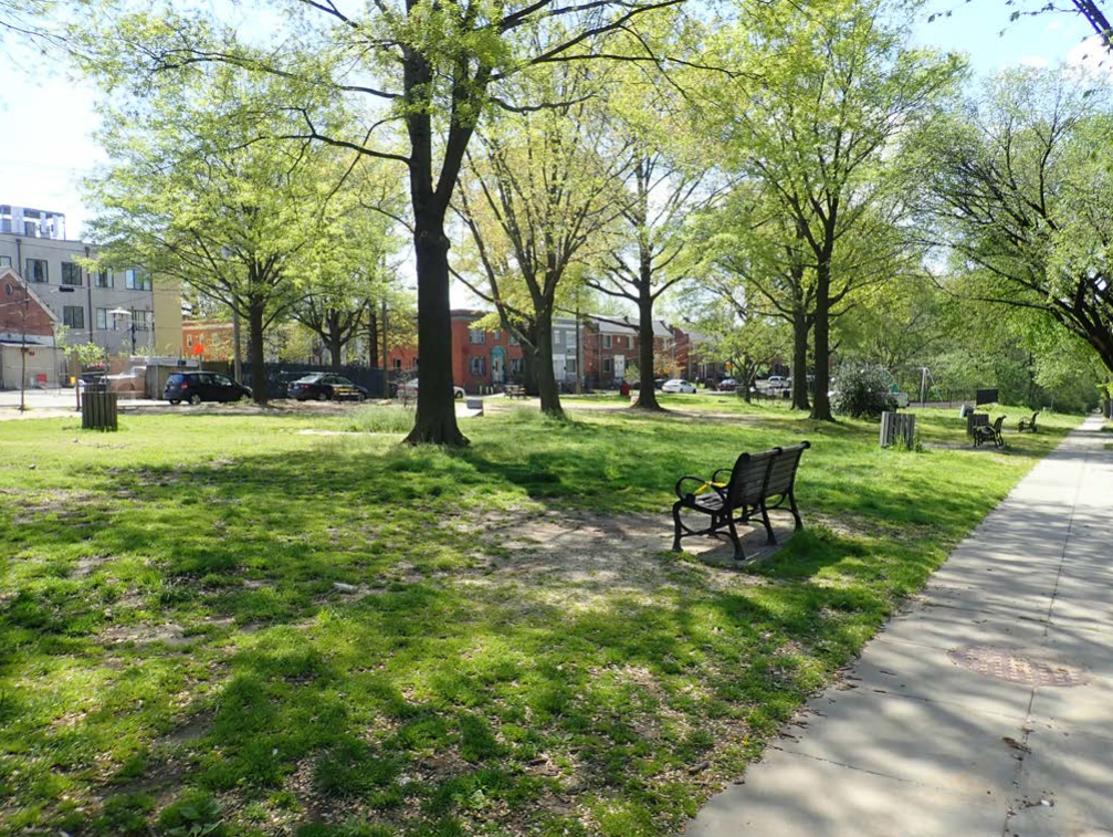 Grassy area of a park, with a bench in the middle of the image, a sidewalk along the lower right corner and the roadway along the park in the background.