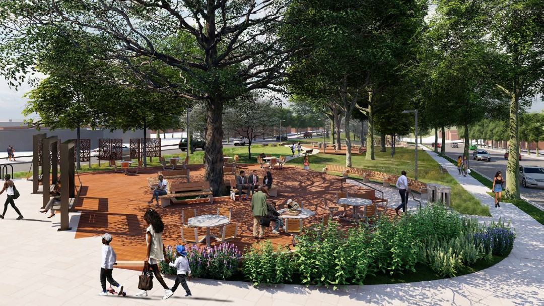 Architectural 3d rendering showing people walking on a sidewalk and seated on benches under the shade of a large tree on a strip of park between two roadways.