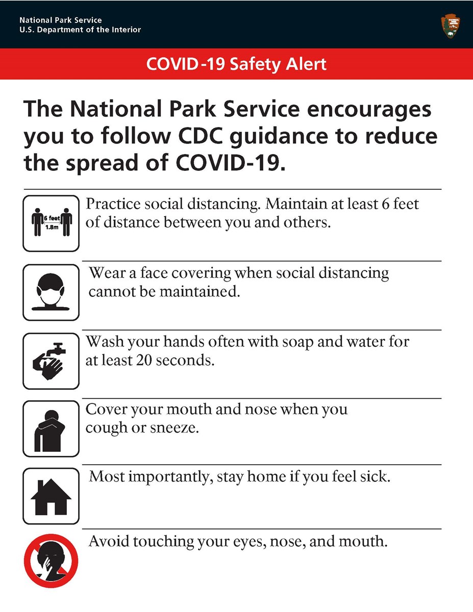 CDC Guidance for Park Visitors regarding COVID 19 including social distance, face masks, hand washing, covering mouth, stay at home if sick, avoid touching face