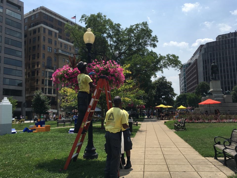 Three men hang flower baskets from a lamp post in a park