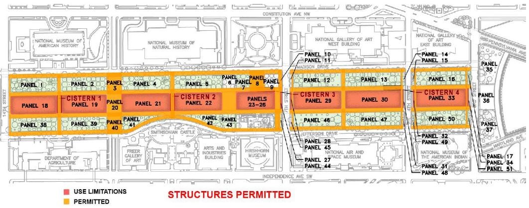 Map of where structures are permitted on the National Mall