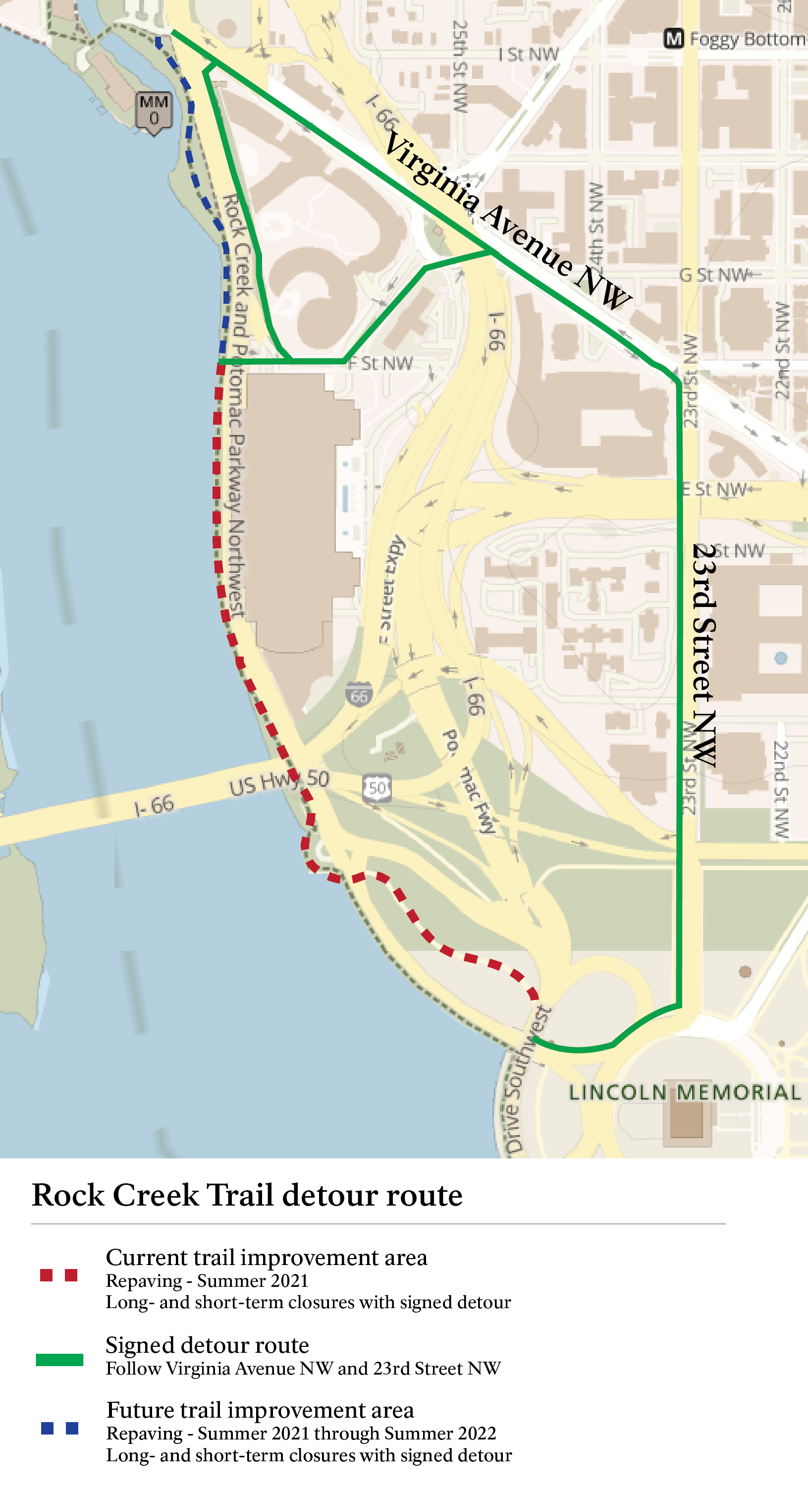 Detour route shown on Virginia Avenue NW and 23rd Street NW.