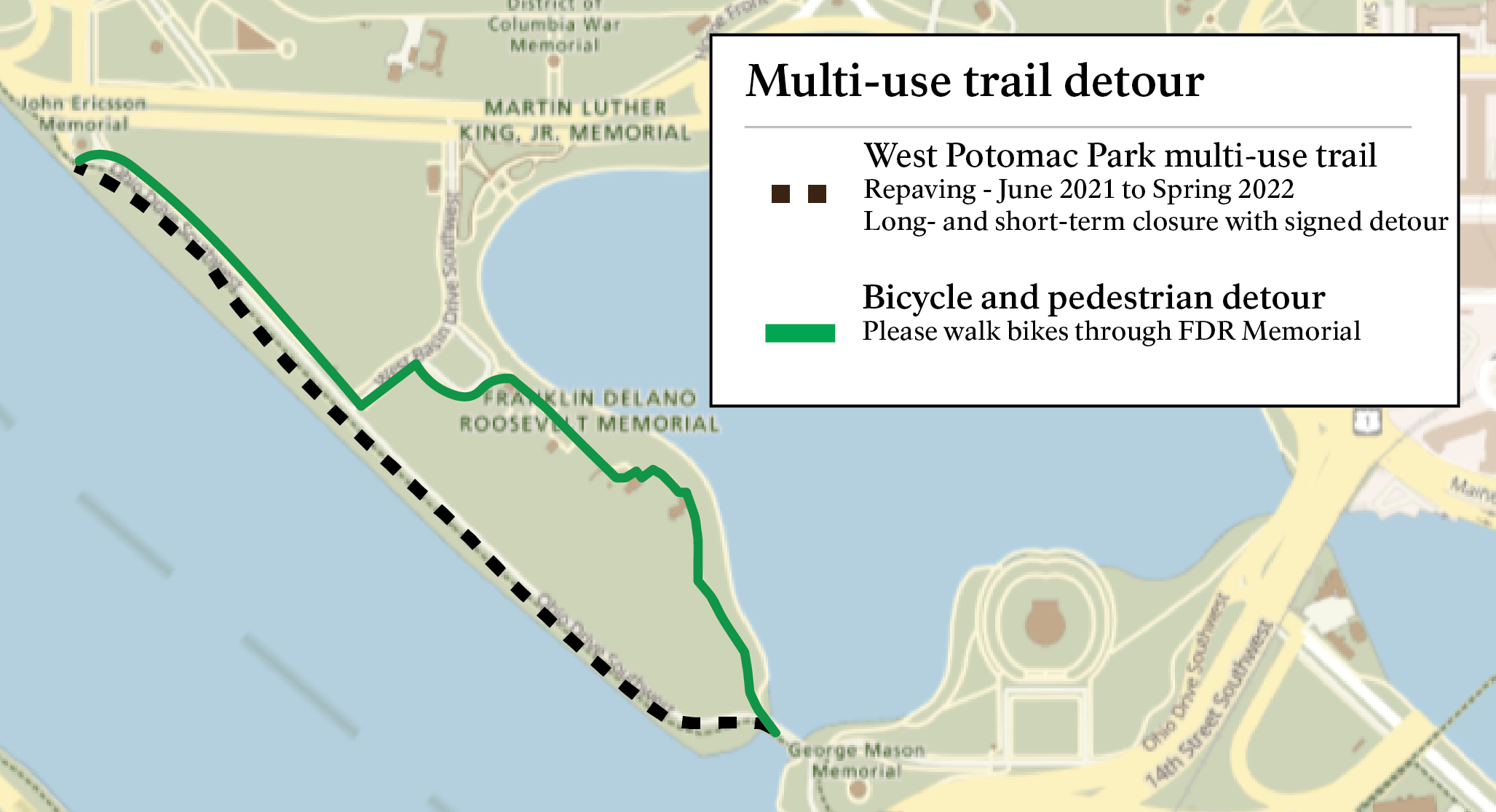 Map of detour for pedestrians and bicyclists during multi-use trail work next to Ohio Drive between Independence Avenue SW and Inlet Bridge (near FDR Memorial in West Potomac Park).