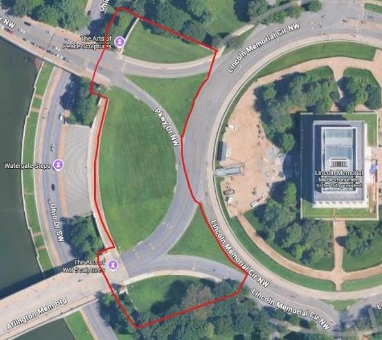 Map with Arts of Peace Sculpture in the northeast corner, Arts or War Sculpture in the southeast corner, and Lincoln Memorial Circle to the west. The grassy areas in between that extend from the tree line to the north and south are circled in red.