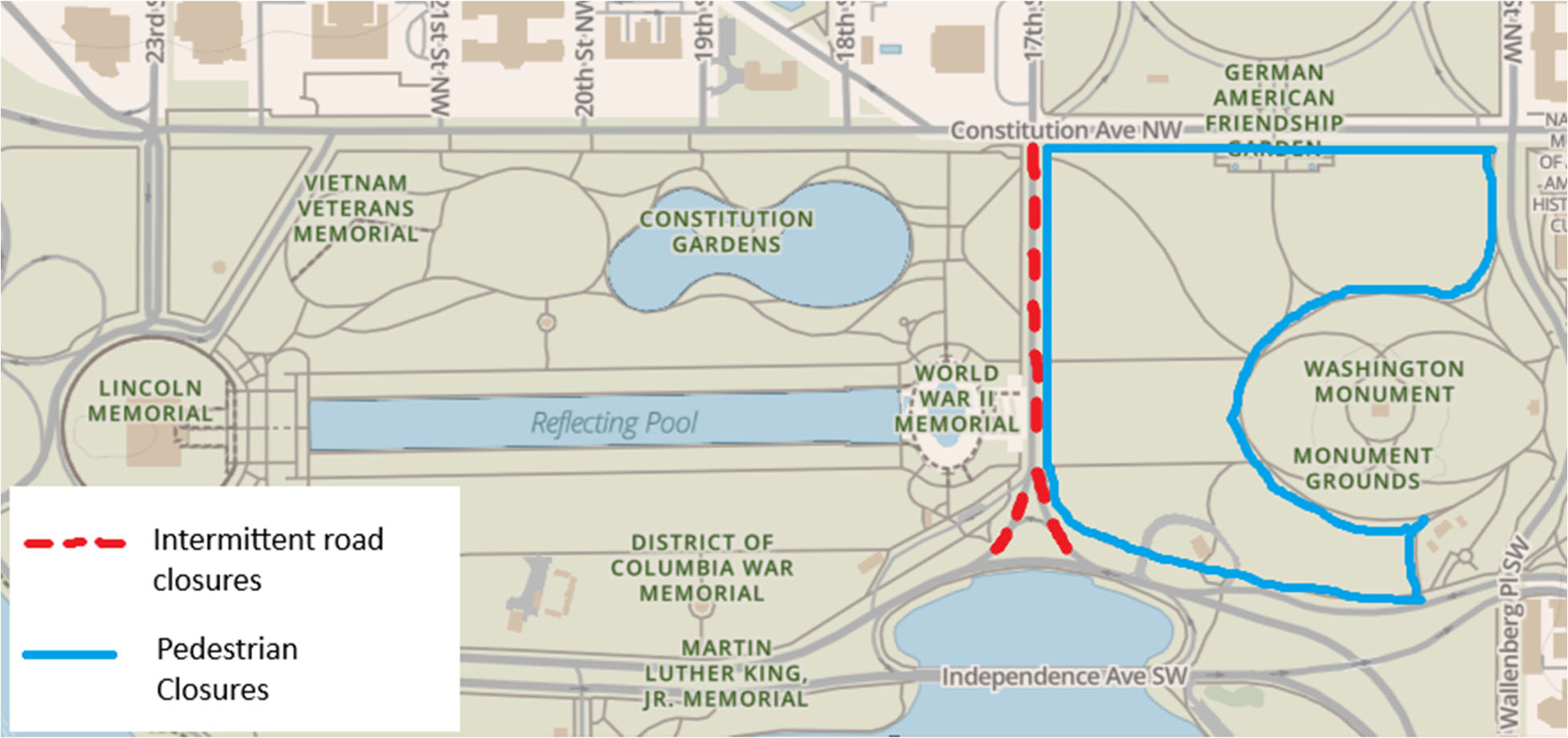 Map showing intermittent road closures on 17th St between Independence Ave SW and Constitution Ave NW and pedestrian closures east of 17th St to the Washington Monument.