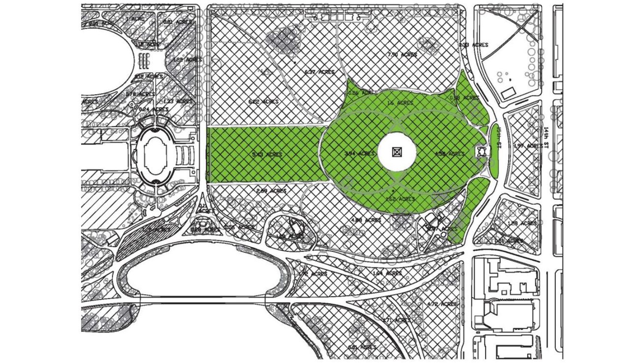 Illustration of where stakes are not allowed on the Washington Monument grounds
