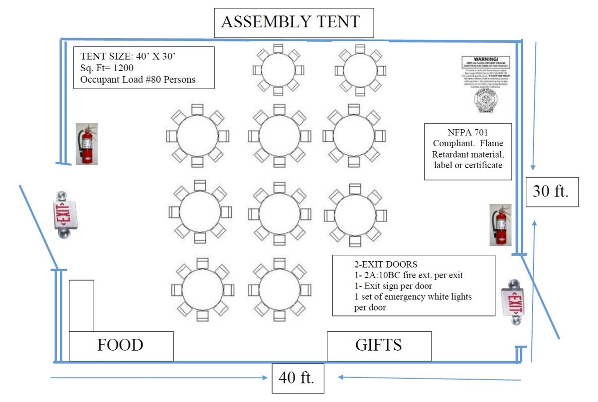 Illustration of fire and safety requirements for an assembly tent