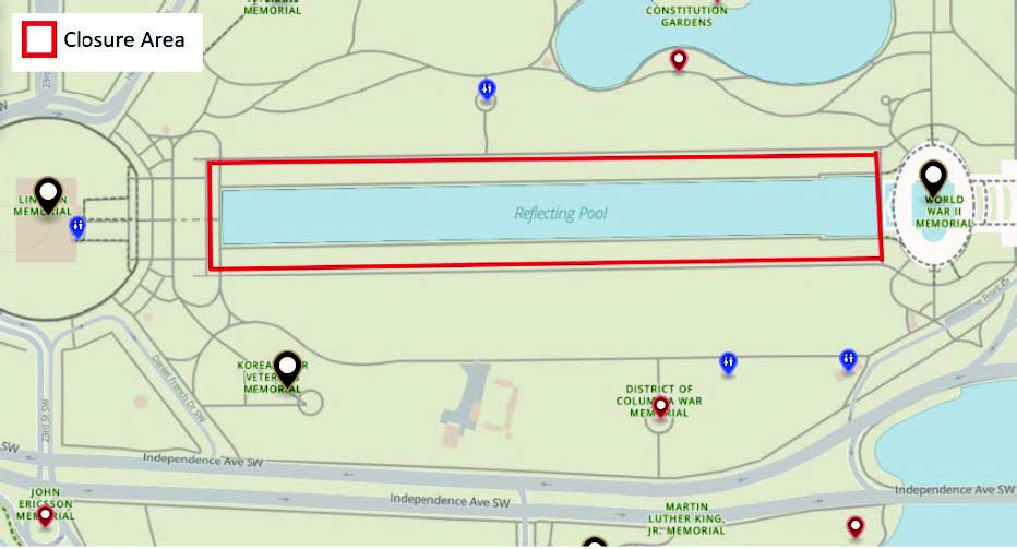 Map of closure area around the Reflecting Pool outlined in red. Details are available on this page.