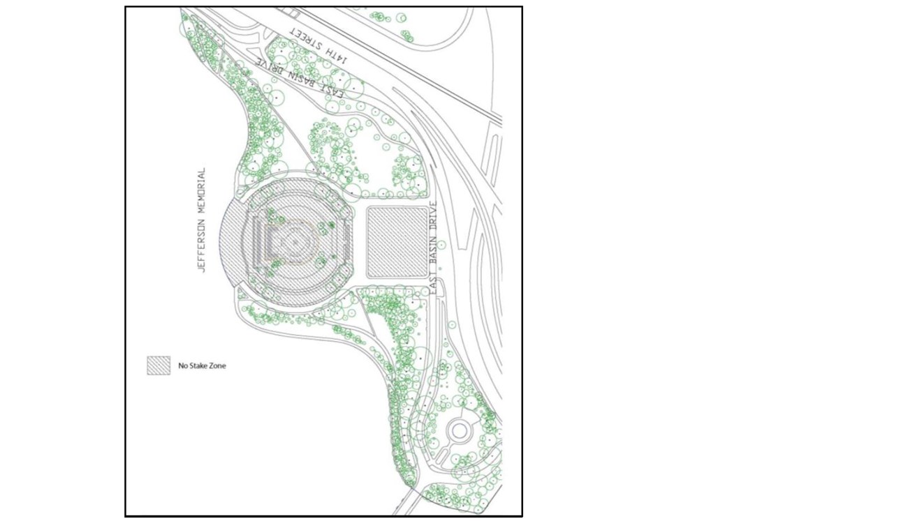 Illustration of where stakes are not allowed near the Thomas Jefferson Memorial