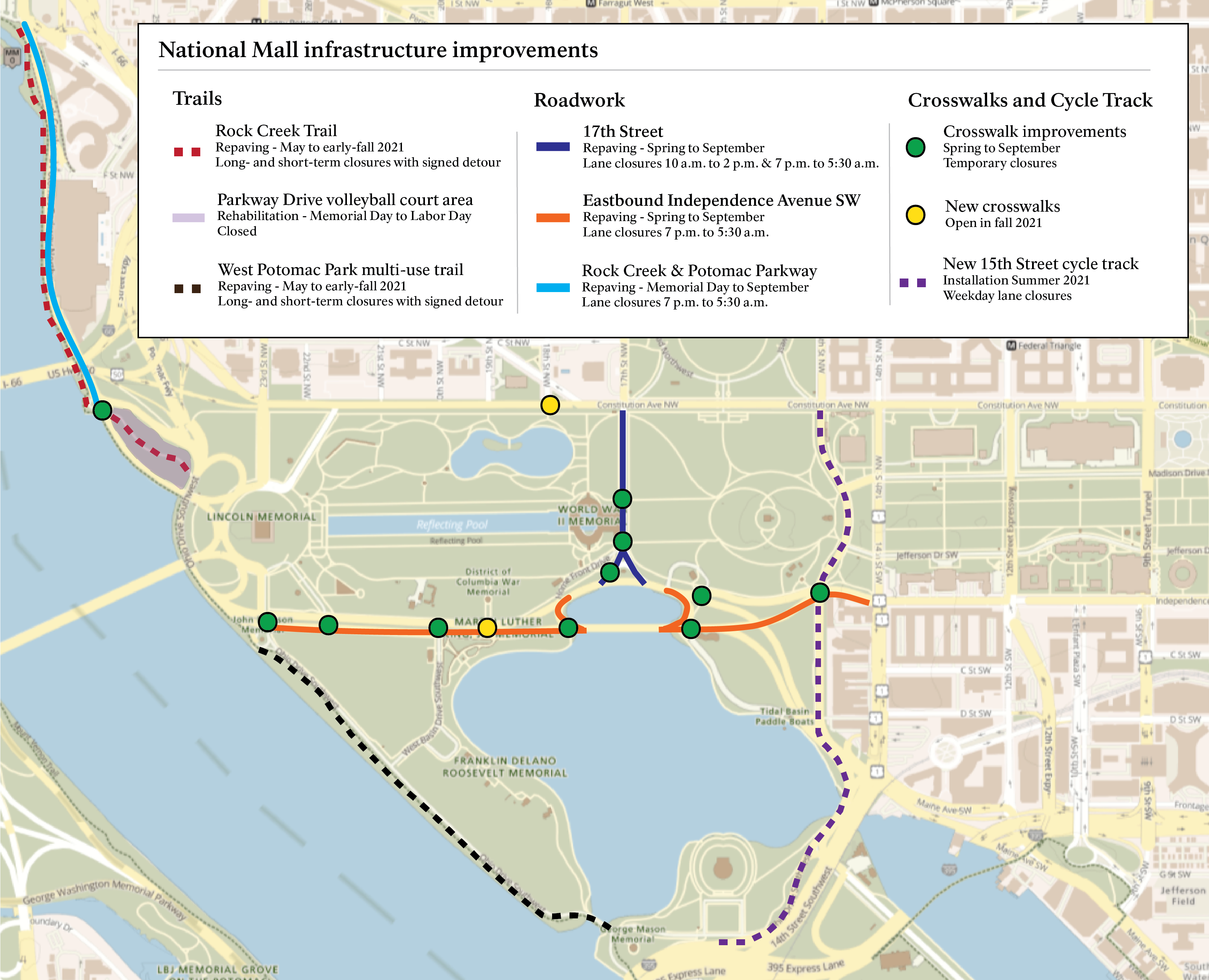 Map showing work on the Rock Creek and Potomac Parkway, Independence Avenue SW, 17th Street, East Basin Drive, the Potomac Heritage National Scenic Trail, along 15th Street, and at crosswalks to be built near the DC War/MLK Memorials and Constitution Ave.