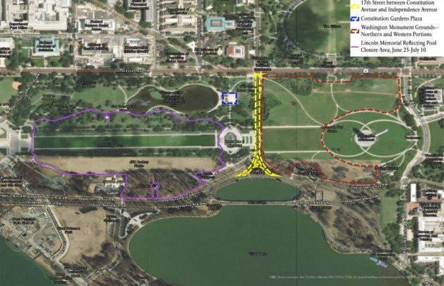 Map of the National Mall shows areas closed around the Reflecting Pool, Constitution Gardens, and Washington Monument.