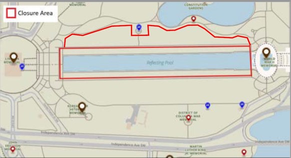 Map of Lincoln Reflecting Pool and Lincoln Memorial Area showing closures around pool and adjacent area to the north