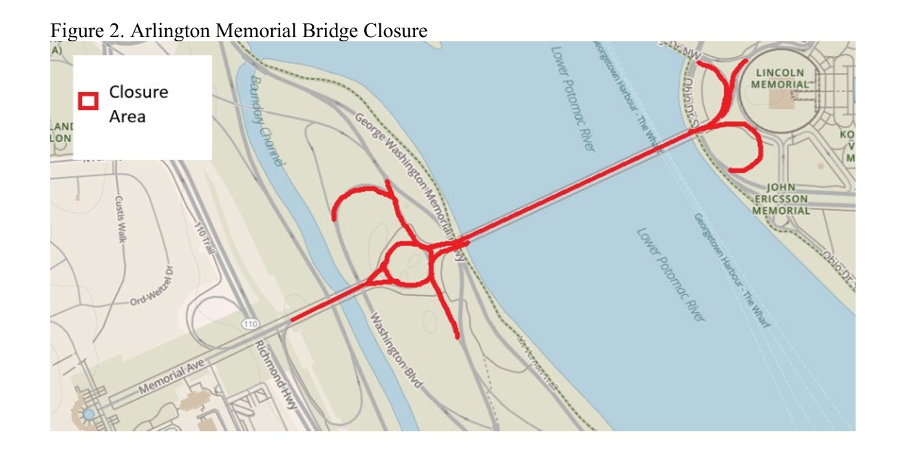A city road map with a red line indicating road closures on a road across a bridge.