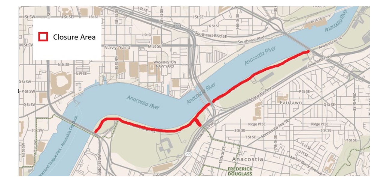 A map of streets around a river. A red line on Anacostia street indicates a closure.