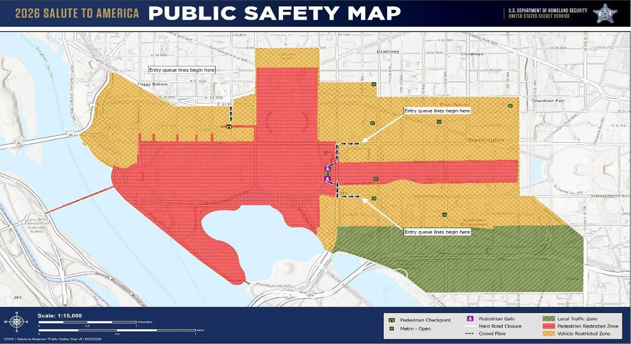 Figure 2. USSS Public Safety Map Showing Overall Restrictions for Vehicles and Pedestrians; detailed alt text for this map is covered throughout the text of this webpage