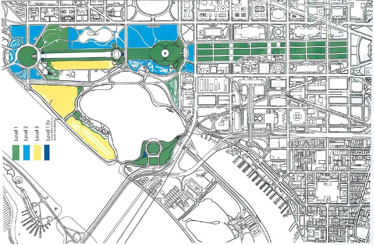 Map of turf level areas on the National Mall and Memorial Parks