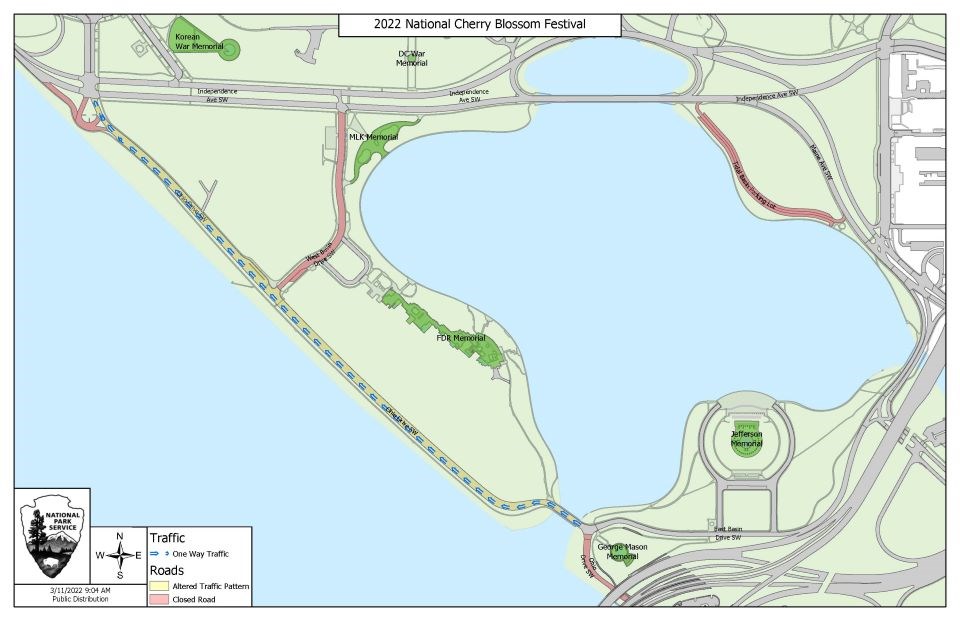 Map showing road closures and one way traffic patters for cherry blossom festival