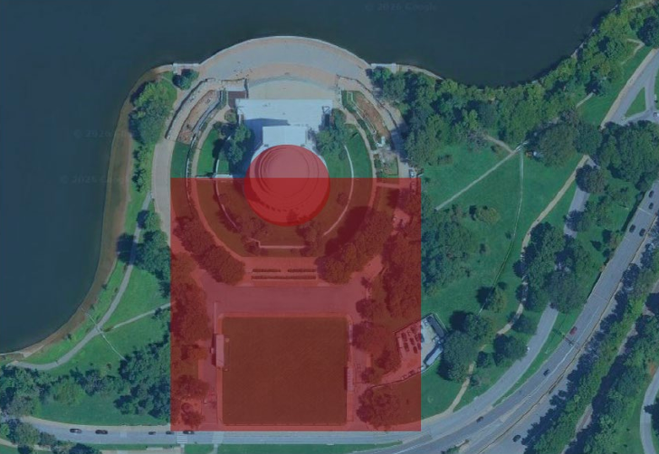 an area map of the Thomas Jefferson Memorial with shaded area indicating closure