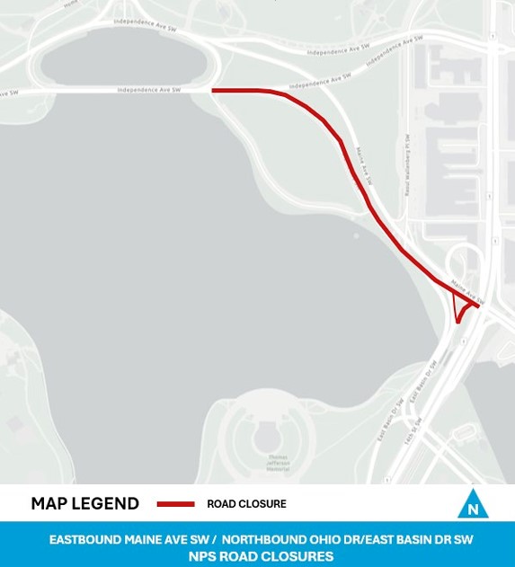map of closure: Eastbound Maine Ave SW / Northbound Ohio Dr/East Basin Dr SW