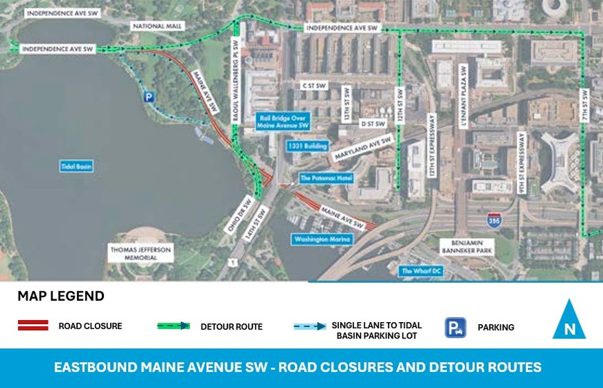 closure and detour: Eastbound Maine Avenue SW - Road closures and detour routes