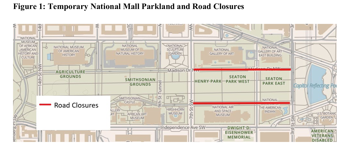A map of city roads in Washington D.C. north of Independence Ave., with two red lines depicting road closures.