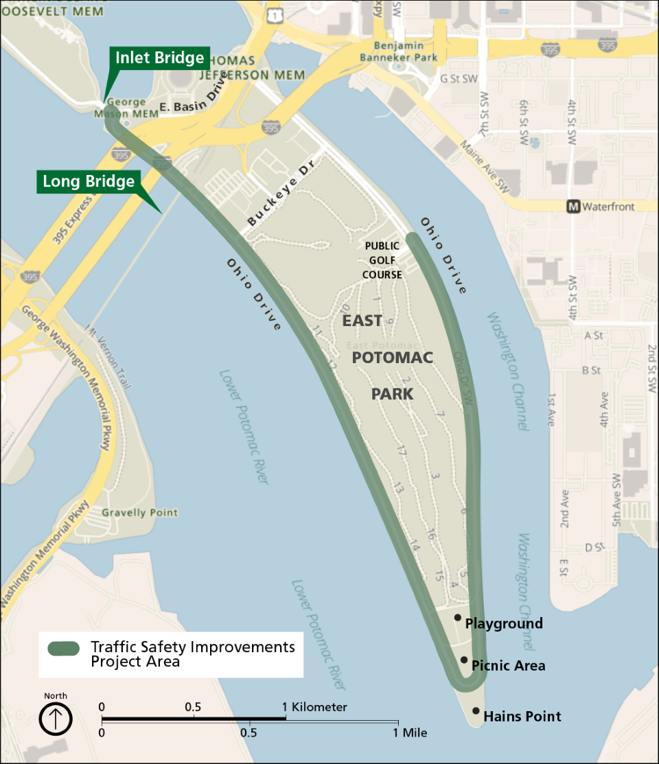 Map of East Potomac Park showing areas to receive traffic safety improvements