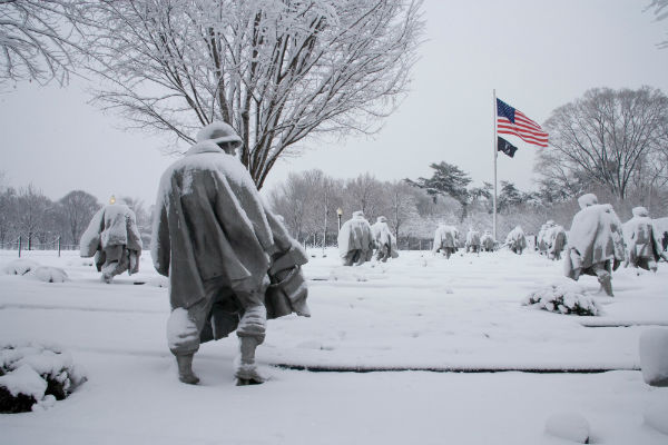 Korean War Veterans Memorial in snow