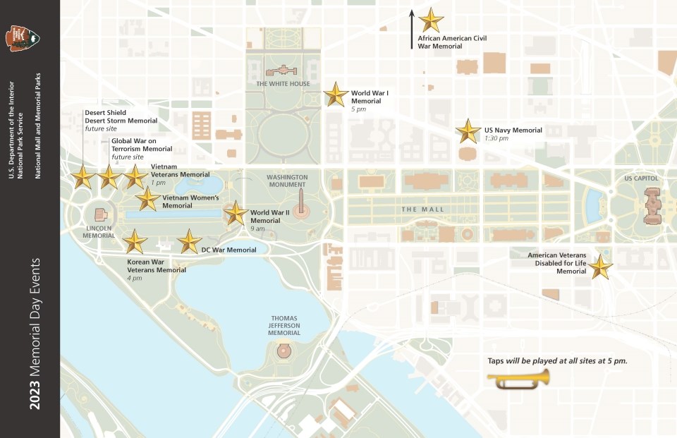 Map showing location of veterans and war memorials around the National Mall