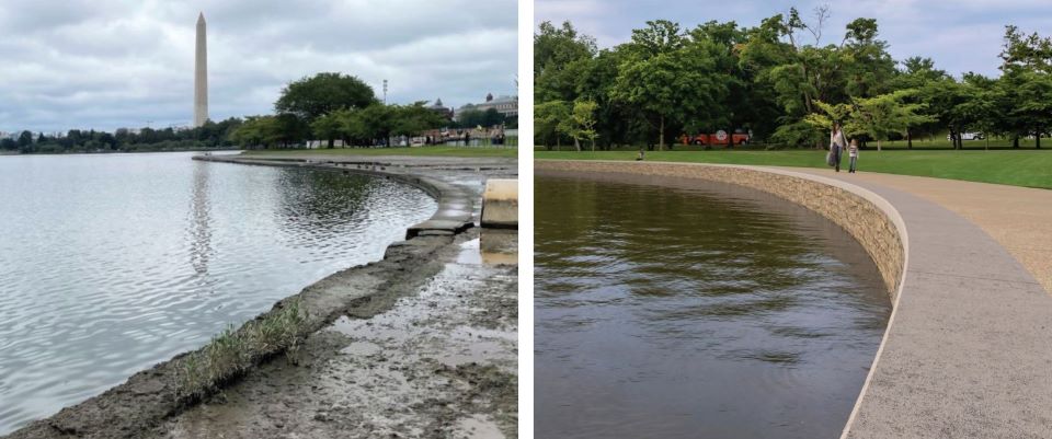 Side by side pictures of a body of water, one a photo with crumbling, the other a drawing of the reapaired seawall