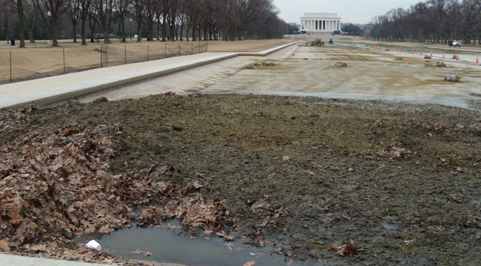 Mound of Goose Droppings in drained reflecting pool; lincoln memorial in background