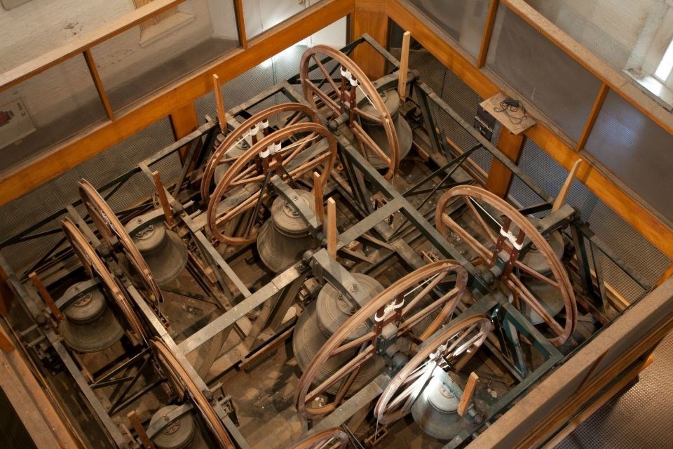View of ten change ringing bells from above