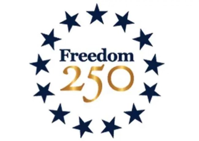 Thirteen blue stars in a circle around the word "Freedom" in gold and "250" in blue.