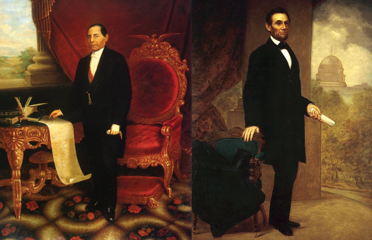 Oil on canvas paintings of Benito Juarez (left) and Abraham Lincoln (right)