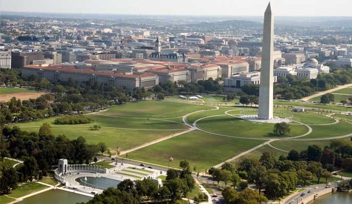 World War II memorial and Washington Monument from the air