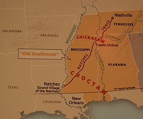 Map showing the Natchez Trace running through Chickasaw and Choctaw lands.